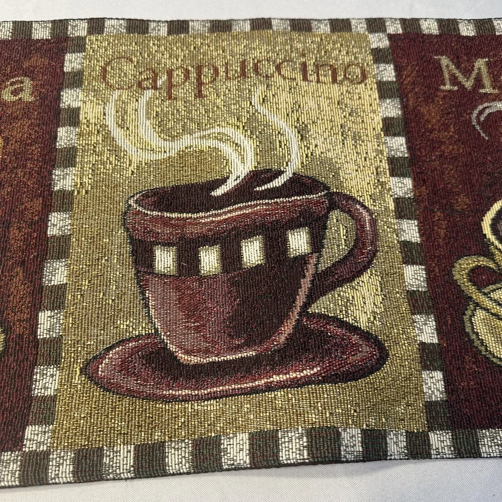 Coffee Tapestry Table‎ Runner Cafe Mocha Cup Cappuccino Cup Tan & Burgundy 52x12